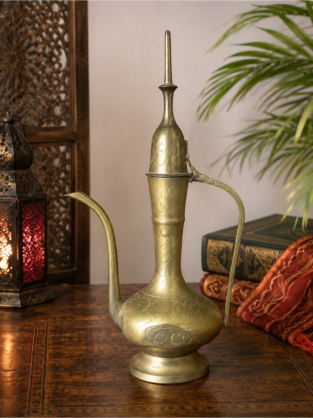 Vintage Solid Brass Aftaba Genie Lamp Ewer Etched‎ Arabian Nights Decor 11.75”